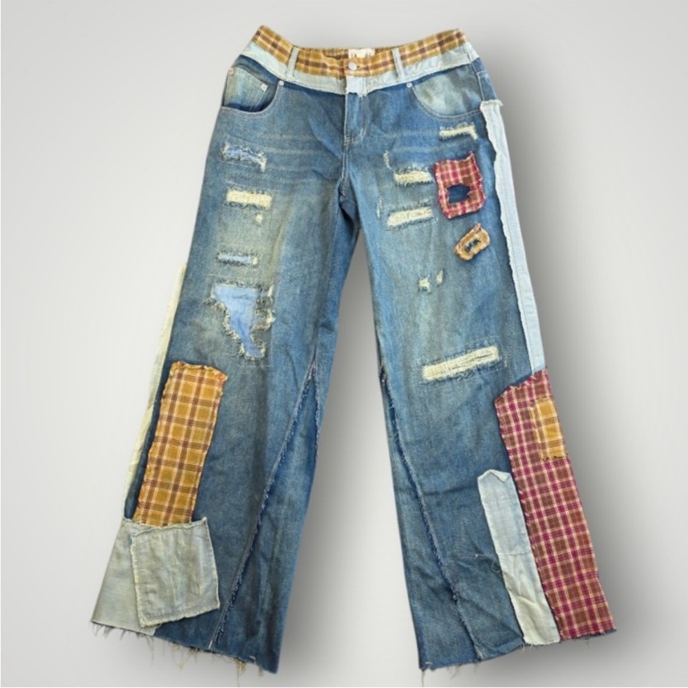 Oli & Hali Distressed Blue Jeans with Red and Tan patchwork